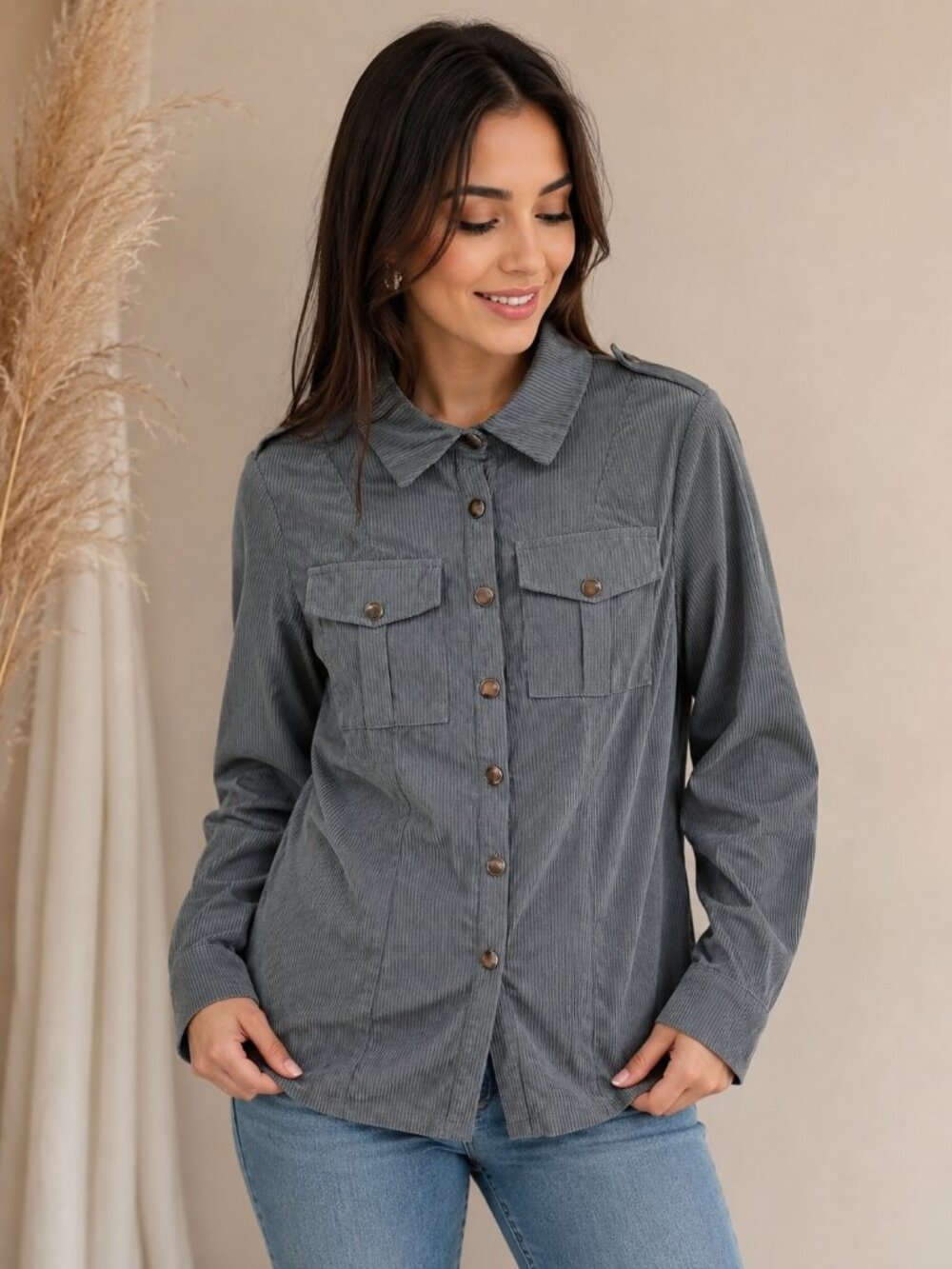 Utility Corduroy Shacket Sage Grey Snap Button Jacket M